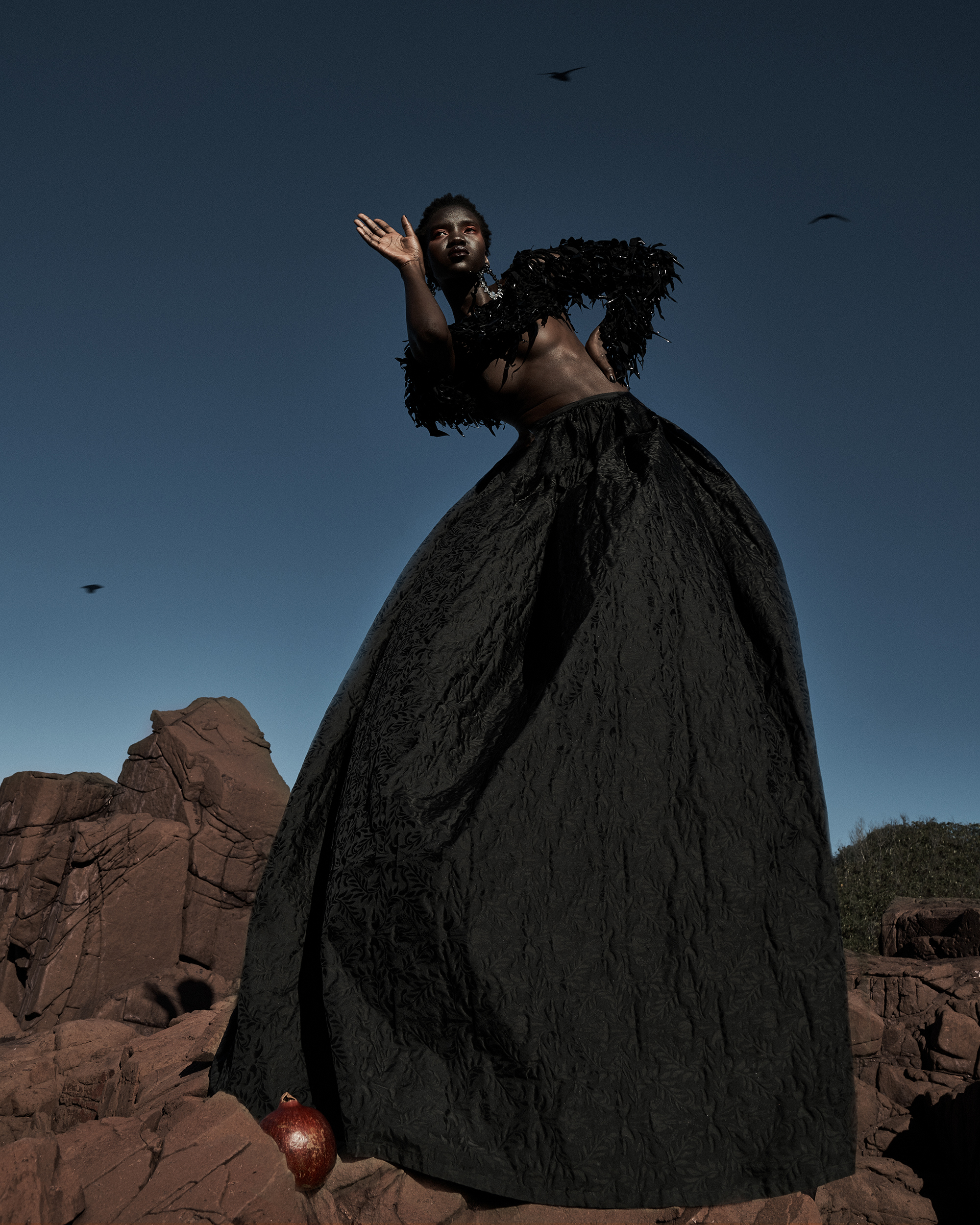 Fashion shot of a Black woman in an oversized black gown and feathery shawl posing on a rocky outcrop under a blue sky with birds.