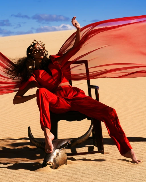 Woman in red outfit sits in a chair on sand dunes with red fabric and a buffalo skull, under a blue sky, in a fashion editorial photograph.