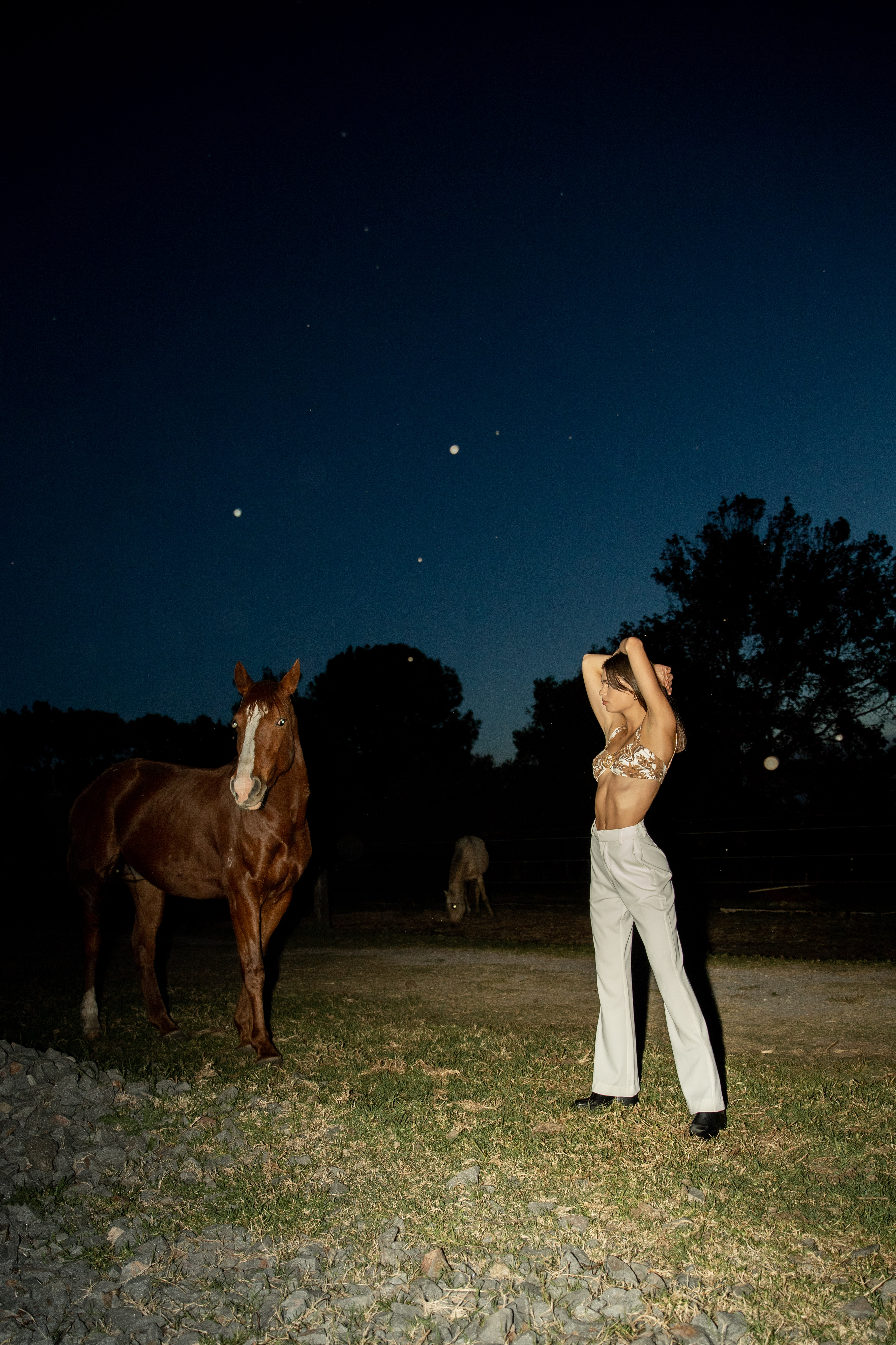 Woman poses with a brown horse in a grassy field at night under the starry sky, wearing a floral top and light-colored pants.