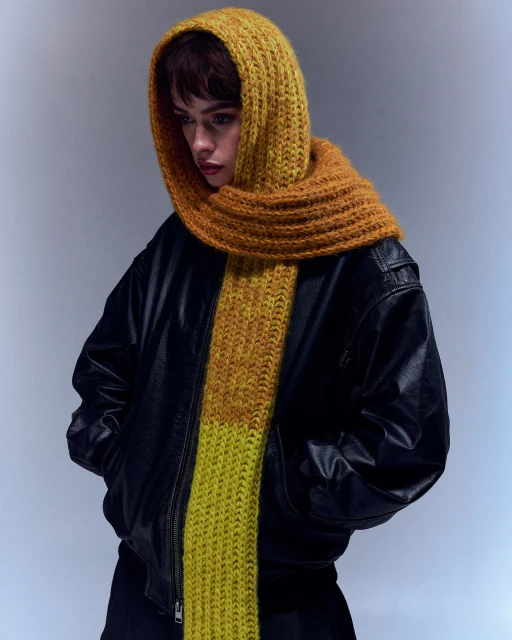 Woman wearing a knitted balaclava-style hood and a leather jacket against a neutral studio backdrop in a fashion setting.