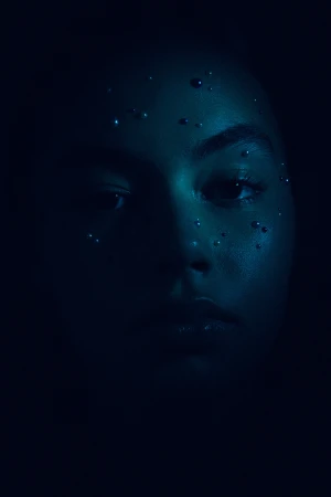 Close-up portrait of a woman's face in dark teal lighting with water droplets on her forehead and cheeks in a studio environment.
