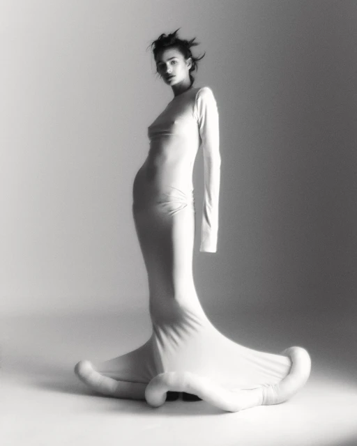 Monochrome studio shot of a woman in a long-sleeve dress with unique extended hem, striking a pose in front of a light grey background.
