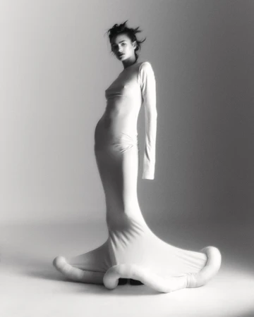 Monochrome fashion portrait of a model in a form-fitting white long-sleeve gown with a flared, padded hem.