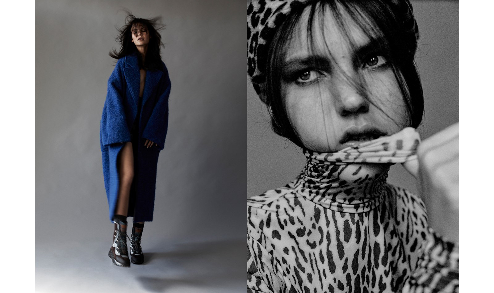 Two-panel fashion shot: woman in blue coat and boots on grey background and a close-up of a woman in leopard print.