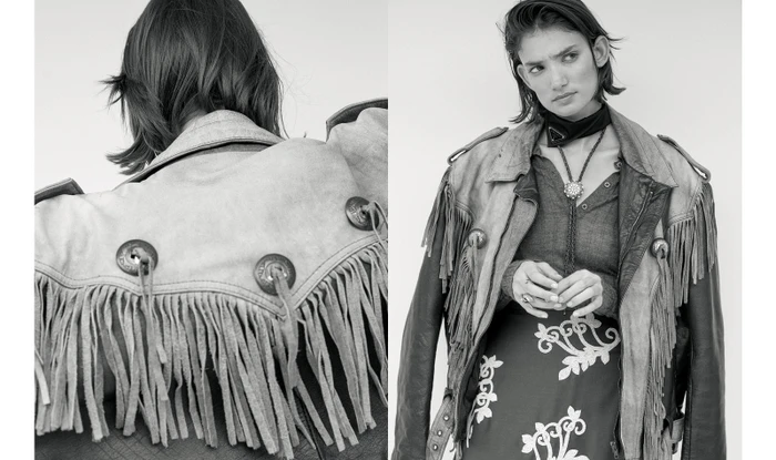Model in fringed suede jacket and patterned skirt with bolo tie, styled by Josie McManus in Sydney.
