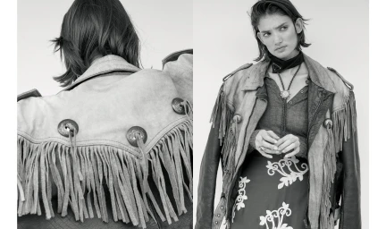 Model in fringed suede jacket and patterned skirt with bolo tie, styled by Josie McManus in Sydney.