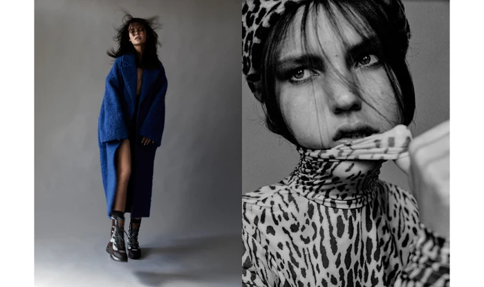 Diptych fashion portrait featuring a model in a blue coat and a close-up shot wearing a leopard print top styled by Josie McManus