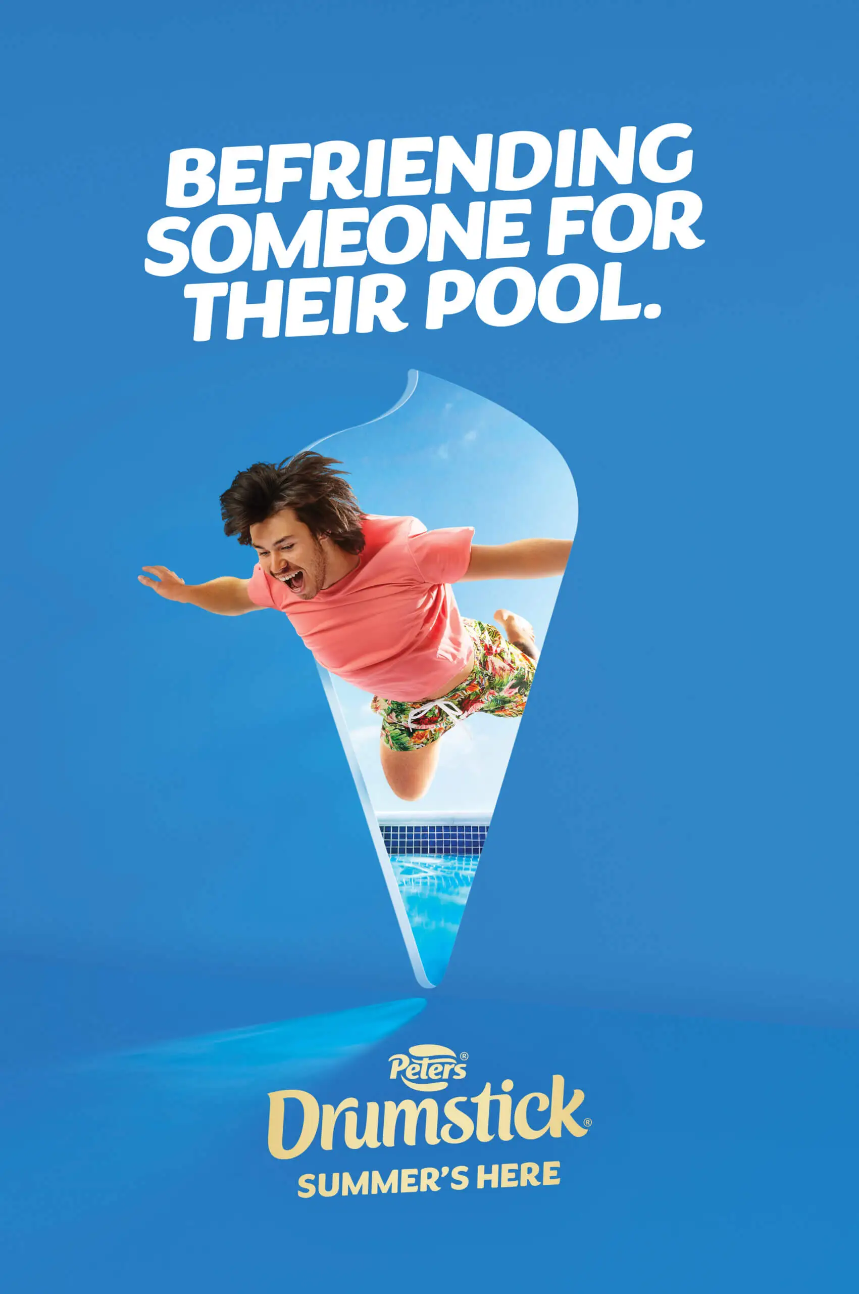 Ice cream ad with a man joyfully diving into a pool, framed by a stylized ice cream cone, promoting summer fun and Drumstick ice cream.