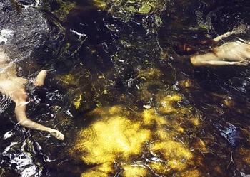 Overhead shot of two nude adult females swimming in clear, shimmering, dark water with reflected light and rock formations underwater.