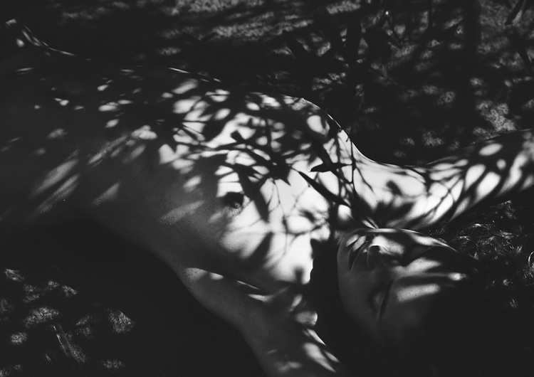Monochrome image of a person reclining under harsh dappled foliage shadows creating high-contrast patterns across the body.