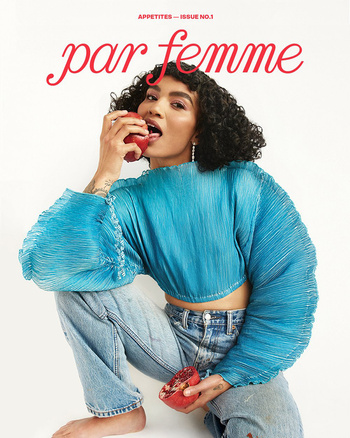 Magazine cover featuring a woman eating a pomegranate in a light blue crop top and jeans against a white background. Bold red title text.