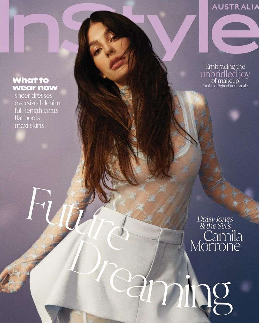InStyle Australia magazine cover featuring Camila Morrone wearing a sheer top and skirt, against a light purple background.