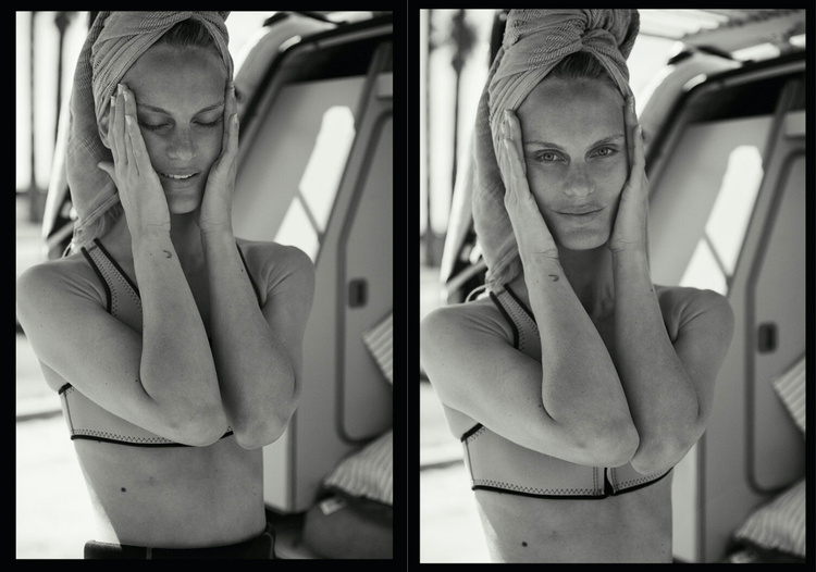 Black and white studio diptych of a young fair-skinned woman with a towel turban posing with hands near her face. 