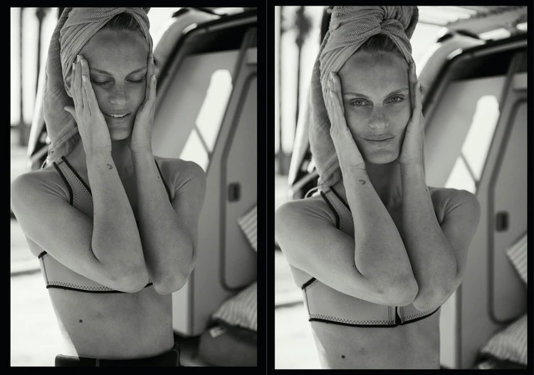 Black and white studio diptych of a young fair-skinned woman with a towel turban posing with hands near her face. 