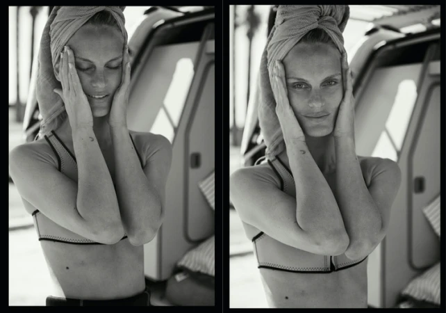Black and white studio diptych of a young fair-skinned woman with a towel turban posing with hands near her face. 