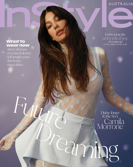 Camila Morrone cover for InStyle Australia magazine. She wears a sheer star-patterned top, light skirt, and poses indoors with soft lighting.