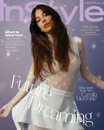 Camila Morrone cover for InStyle Australia magazine. She wears a sheer star-patterned top, light skirt, and poses indoors with soft lighting.
