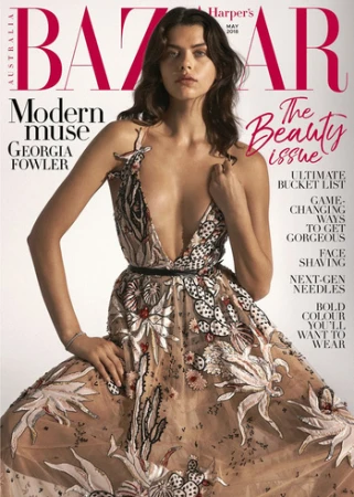 Georgia Fowler wearing a plunging embroidered gown on Harper's Bazaar Australia magazine cover by Sylve Colless
