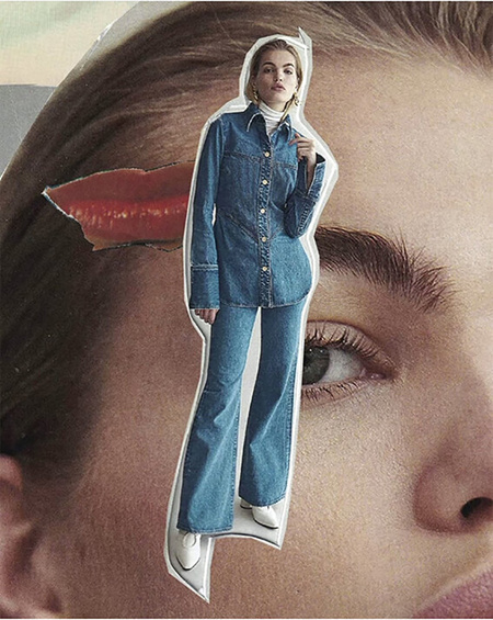 Fashion collage featuring a model in a denim outfit against a backdrop of a woman's face with bright red lips and an intense gaze.