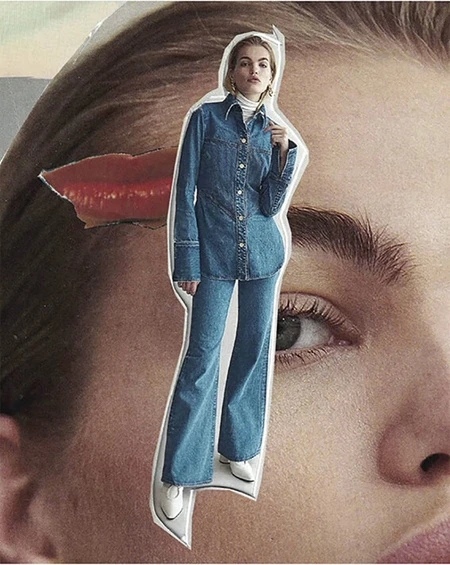 Fashion collage featuring a model in a denim outfit against a backdrop of a woman's face with bright red lips and an intense gaze.