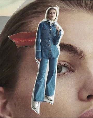 Fashion collage featuring a model in a denim outfit against a backdrop of a woman's face with bright red lips and an intense gaze.