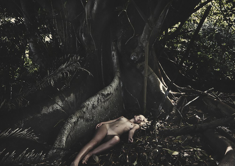 A nude woman with fair skin lies near a large tree root amidst leaves in a dimly lit forest with sunlight piercing the canopy.