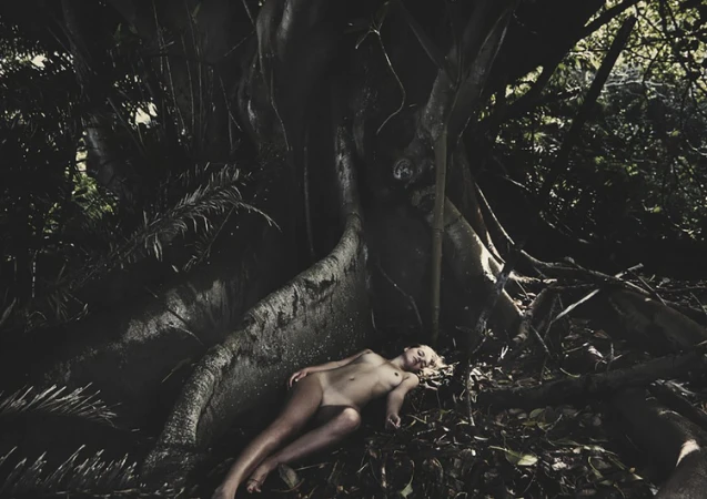A nude woman with fair skin lies near a large tree root amidst leaves in a dimly lit forest with sunlight piercing the canopy.