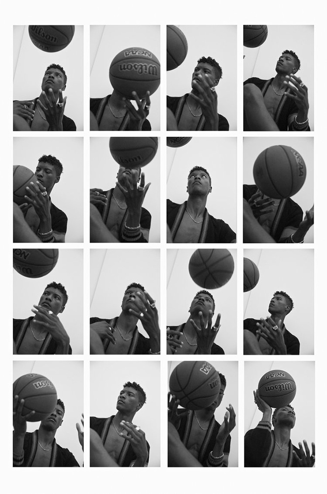 Multiple frames of a Black man in a robe balancing a Wilson basketball, captured in a high-contrast, monochrome photo-studio series.