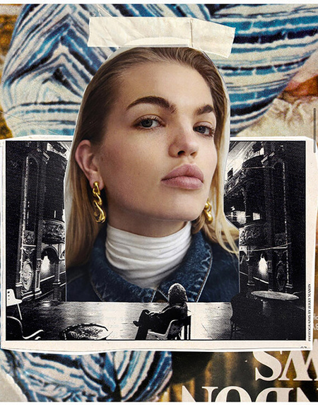 Collage art featuring a blonde woman with gold earrings, set against a backdrop of blue and white striped fabric and a black-and-white cityscape.