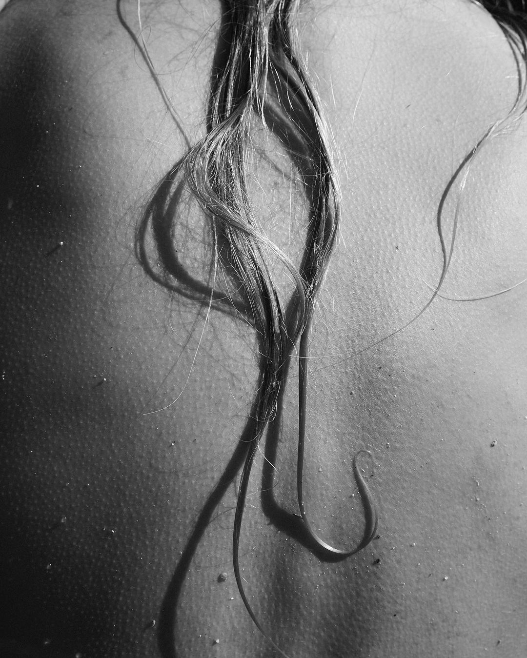 Monochrome shot of the upper back of an adult female with strands of wet hair, casting shadows, on a light outdoor background.