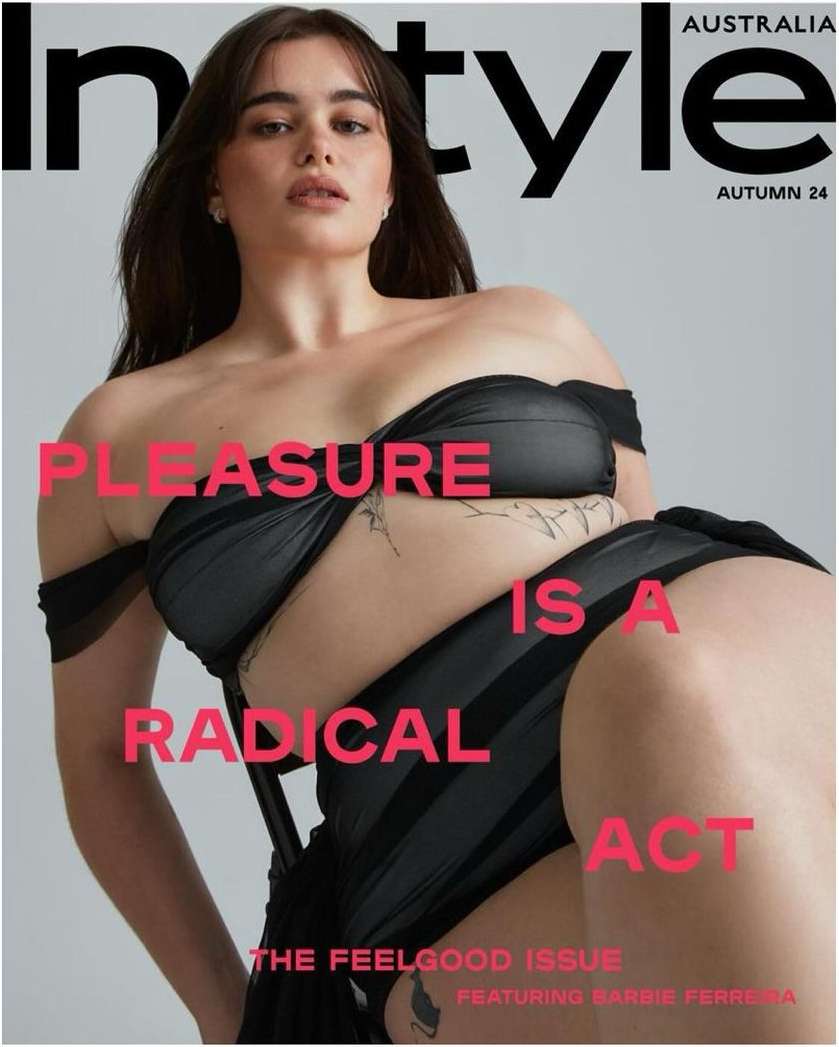 Magazine cover of Instyle Australia Autumn 24 issue featuring model Barbie Ferreira wearing a black outfit and posing indoors.