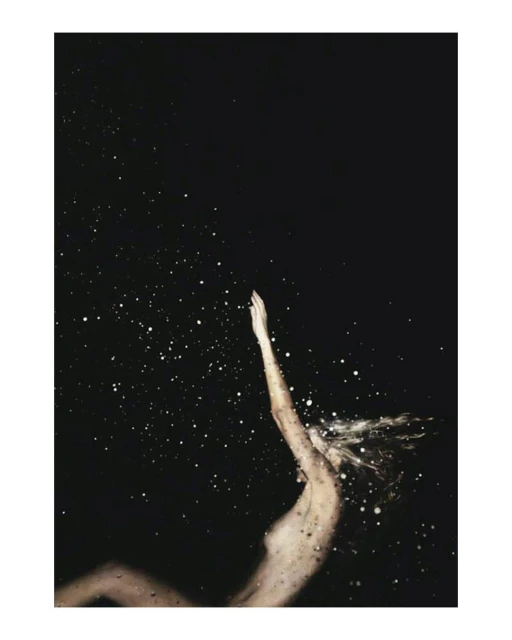 Abstract art of female figure reaching upward against a dark, speckled background, creating a sense of ethereal movement and cosmic connection.