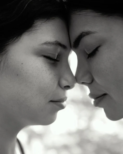 Close-up black and white portrait of two adult females, face to face, with their eyes closed, creating an intimate and serene visual.