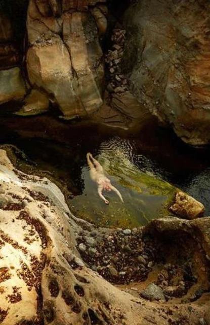 Adult female swims in a natural rock pool surrounded by sandstone formations; overhead shot of a water-filled canyon.