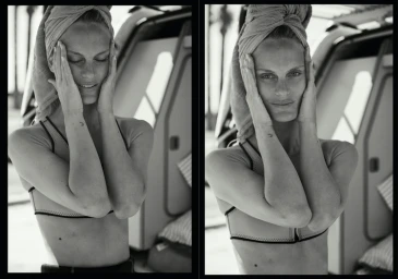 Black and white diptych portrait of a woman with a towel on her head holding her face by photographer Sylve Colless