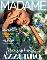 Cover portrait of Angela Lindvall wearing a floral metallic jacket for Madame magazine photographed by Sylve Colless