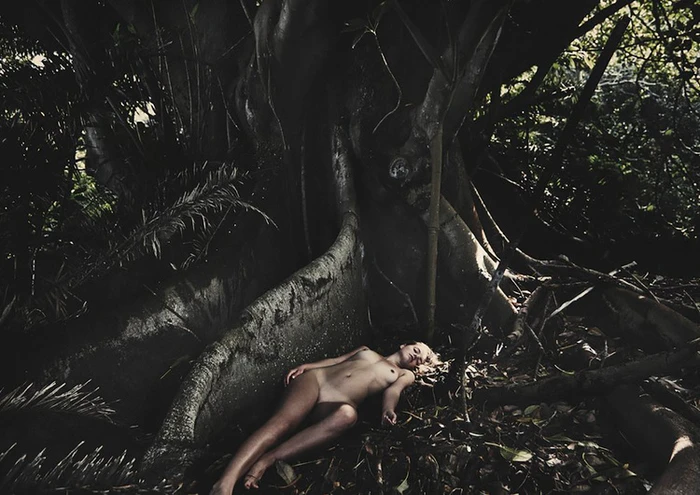 Woman lying down amongst fallen leaves at the base of a massive tree trunk with exposed roots