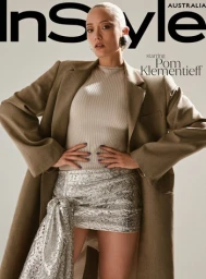 Pom Klementieff wearing a tan blazer and metallic skirt on an InStyle magazine cover photographed by Sylve Colless.
