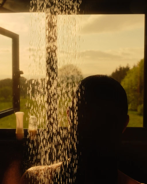 Person takes a shower in front of open window, overlooking a green rural landscape with trees under a light-yellow, clouded sky at daytime.