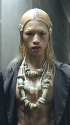 Close-up portrait of a model with blonde hair and bleached eyebrows wearing layered statement bead necklaces and decorative hair clips.
