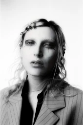 Portrait of a person with dark eye makeup, nose ring, hair clips, and a striped blazer against a white background