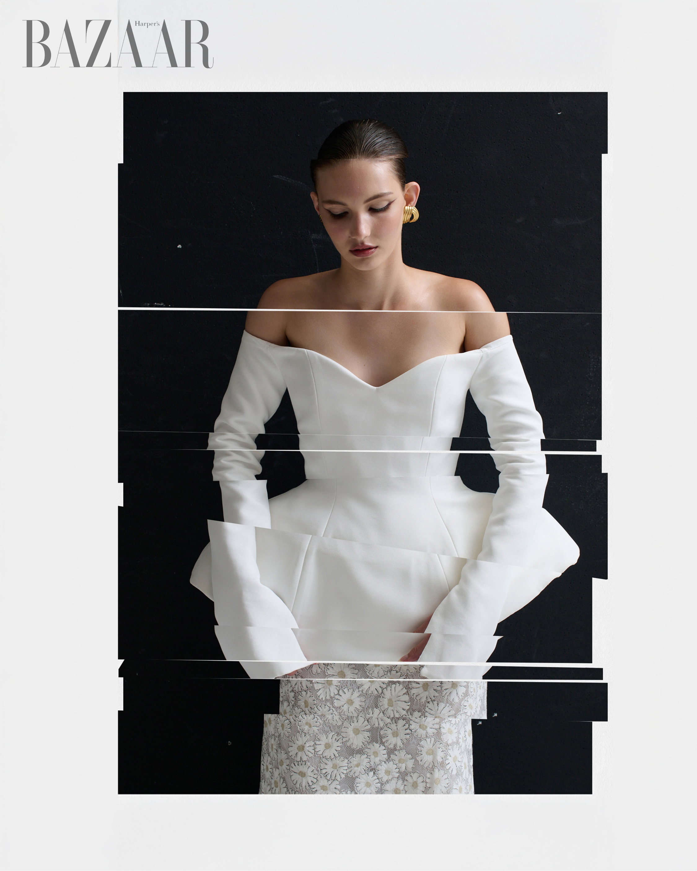 Fashion editorial shot of a woman in a white off-the-shoulder dress with a digitally glitched effect, set against a dark background.