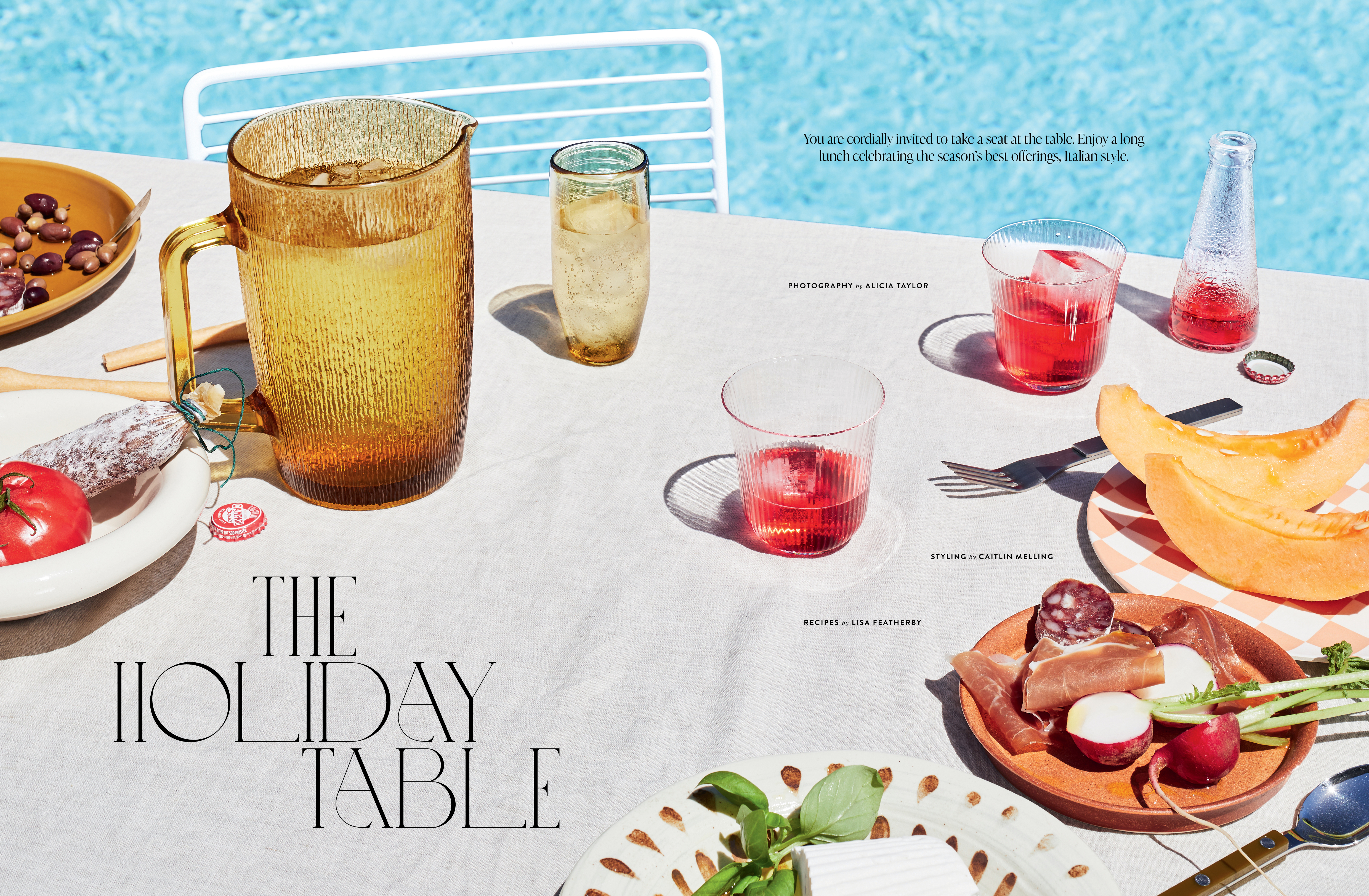Outdoor holiday table scene featuring a pitcher, glasses, plates of snacks, and text overlay, all arranged on a linen tablecloth.