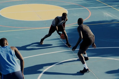 Three basketball players on an outdoor blue court with white and yellow court lines in Sydney by Chris Gurney.