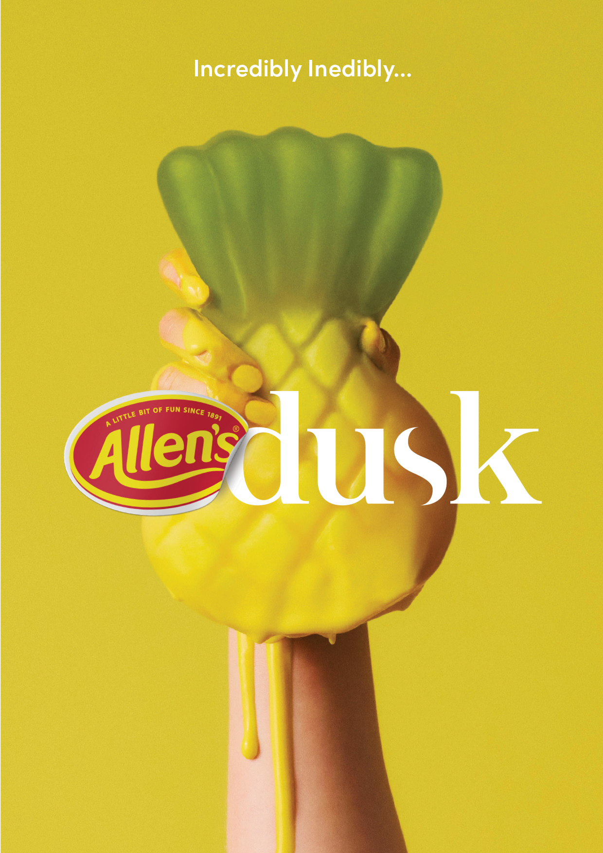 Hand holding a gummy pineapple candy dripping yellow liquid against a bright yellow background, featuring the Allen's candy logo.