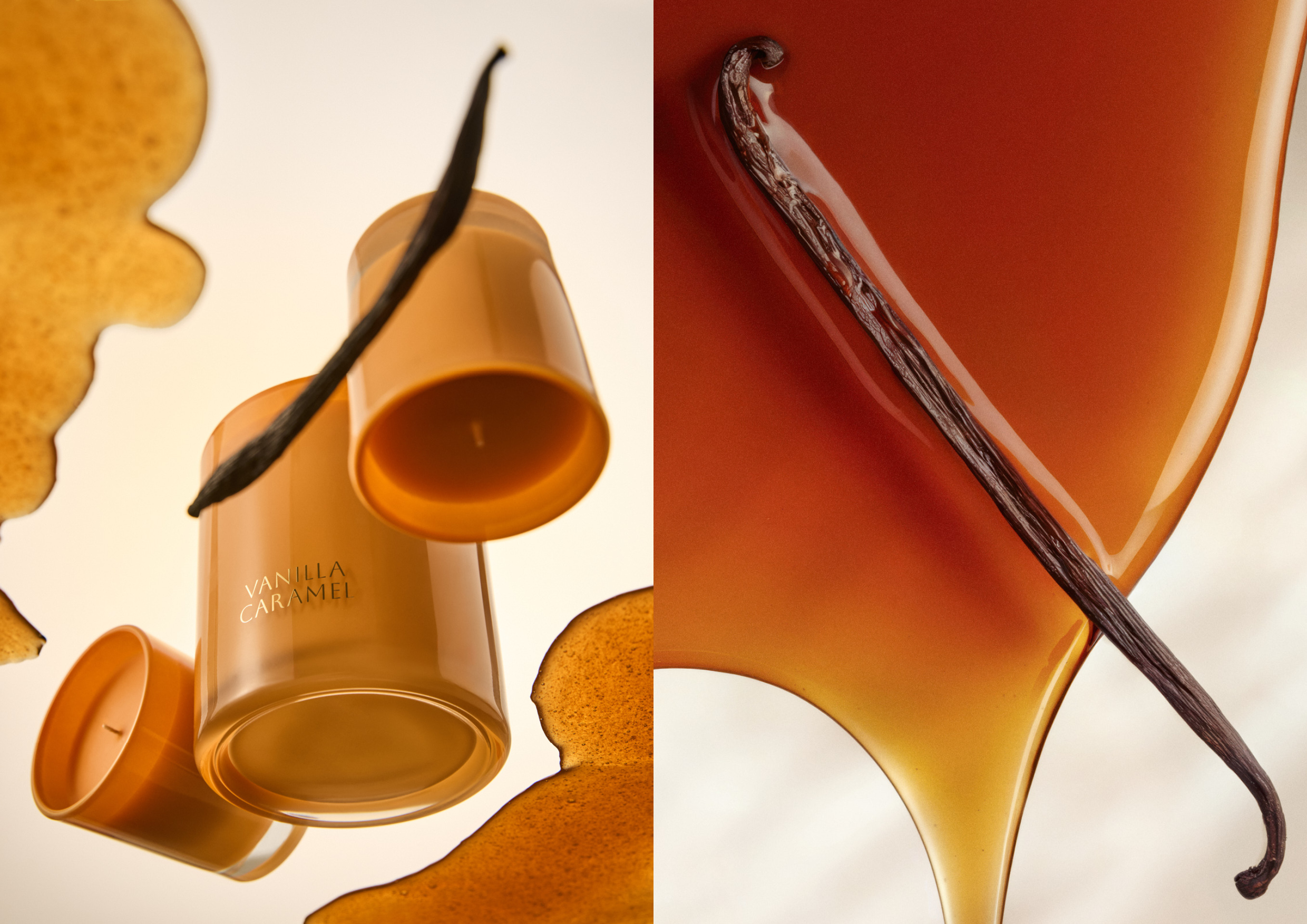 Still life of two caramel vanilla candles with vanilla beans and liquid caramel against a gradient white to brown background.
