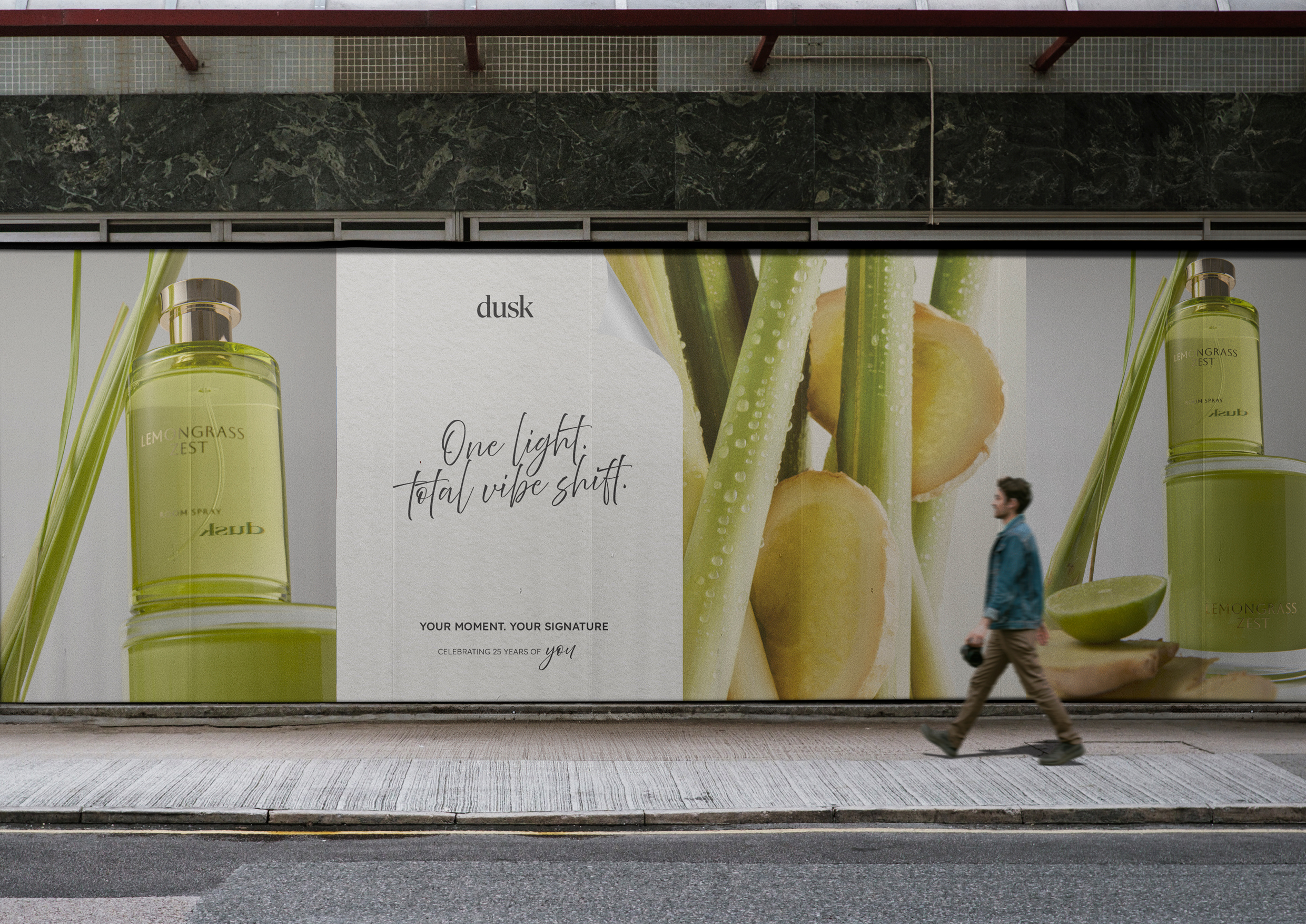 Exterior billboard advertisement featuring two perfume bottles and graphic design elements, seen on a city street with a passerby.