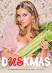 Blonde woman wearing a pink puff-sleeve top and crystal headband holds a bunch of celery against a vintage floral wallpaper background