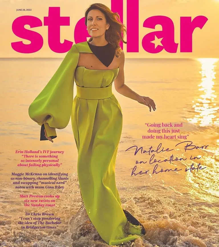 Stellar magazine cover featuring Natalie Barr in a lime green dress on a beach at sunset. Stellar logo and headlines are visible.