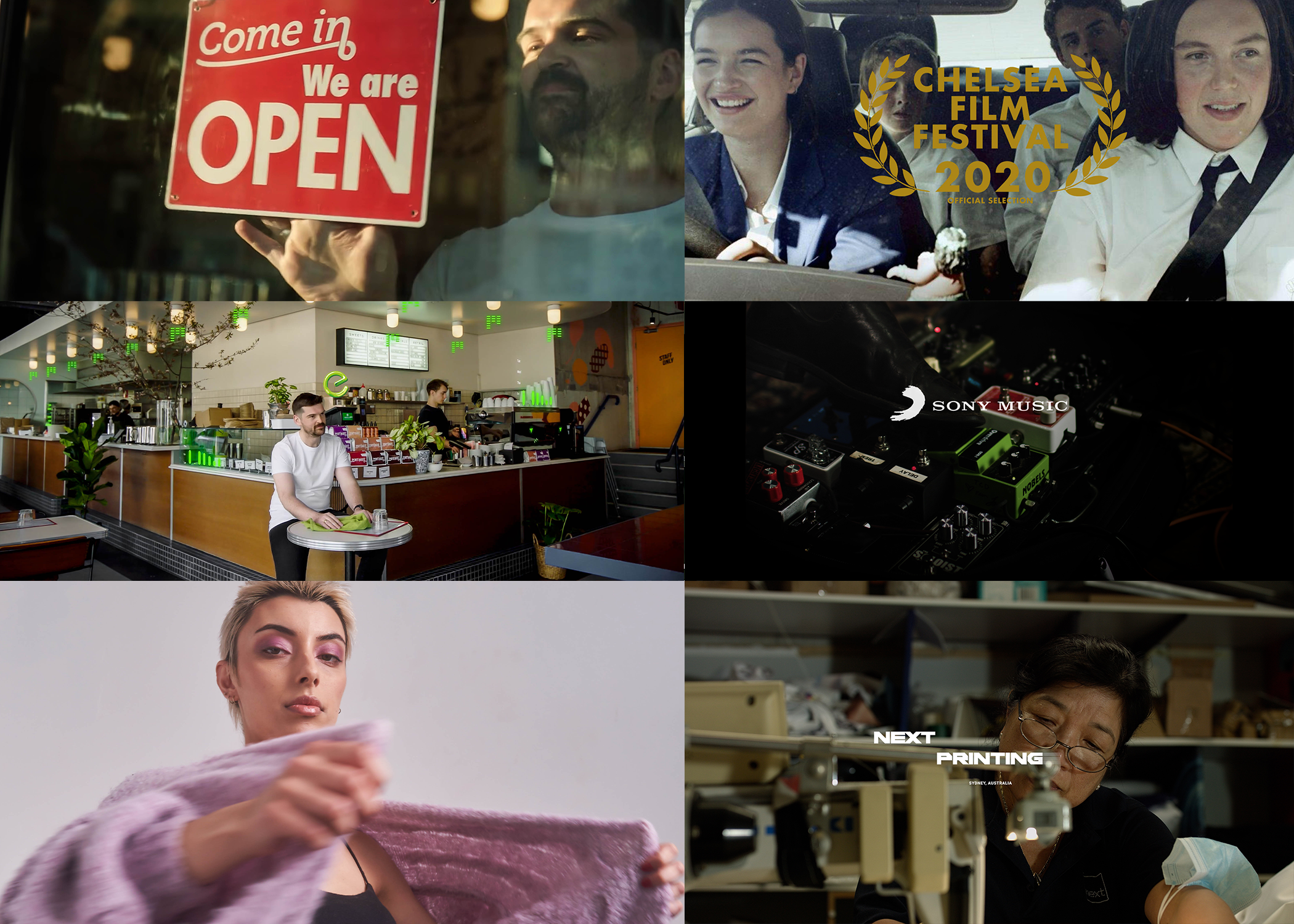 Montage of six video excerpts: opening sign, people in a car, cafe scene, electronic music gear, fashion shoot, garment factory worker.